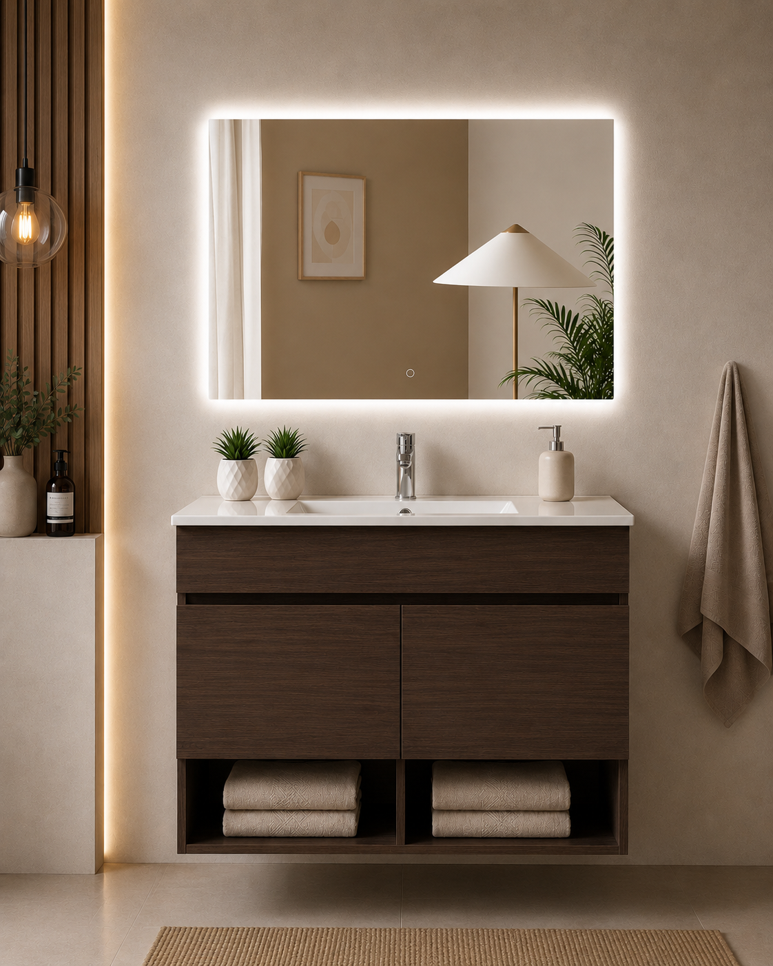 Væghængt badeværelsesmøbel NEBARI med døre og ekstra lav vask